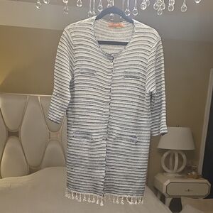 Vilagallo Cotton and Wool White and Navy Striped Long Cardigan with Fringe